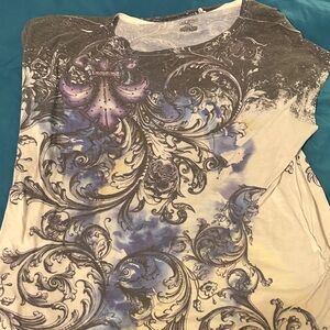 Lane Bryant Purple and White Baroque Short Sleeve Top